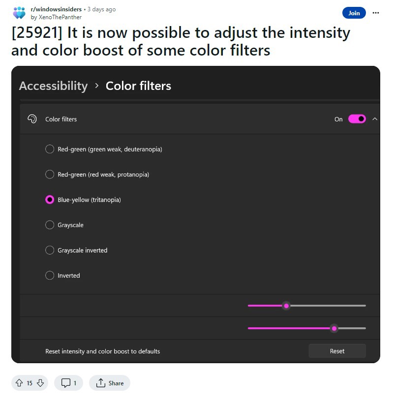 微软 Win11 Canary 25921 预览版增强颜色过滤器，允许用户调整强度