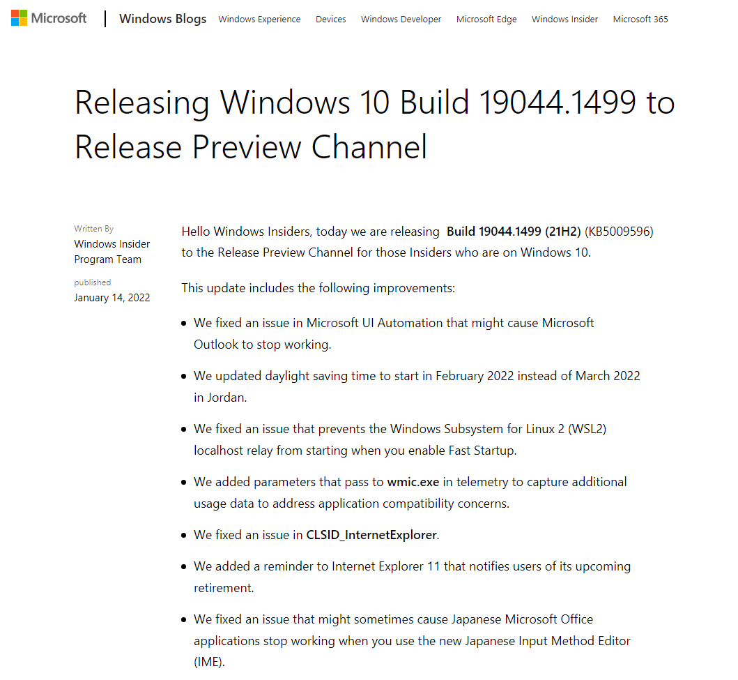 微软 Win10 Build 19044.1499 预览版发布：提供大量修复，可云备份应用列表