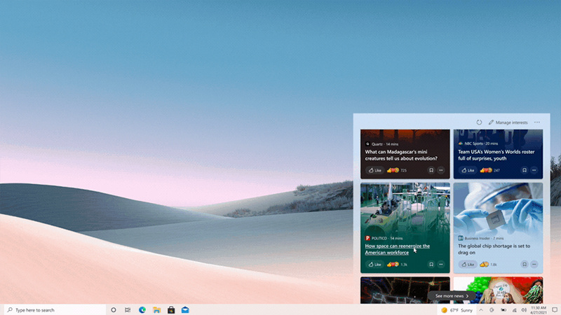 微软正式开放Win10“新闻和兴趣”功能 默认启用悬停显示