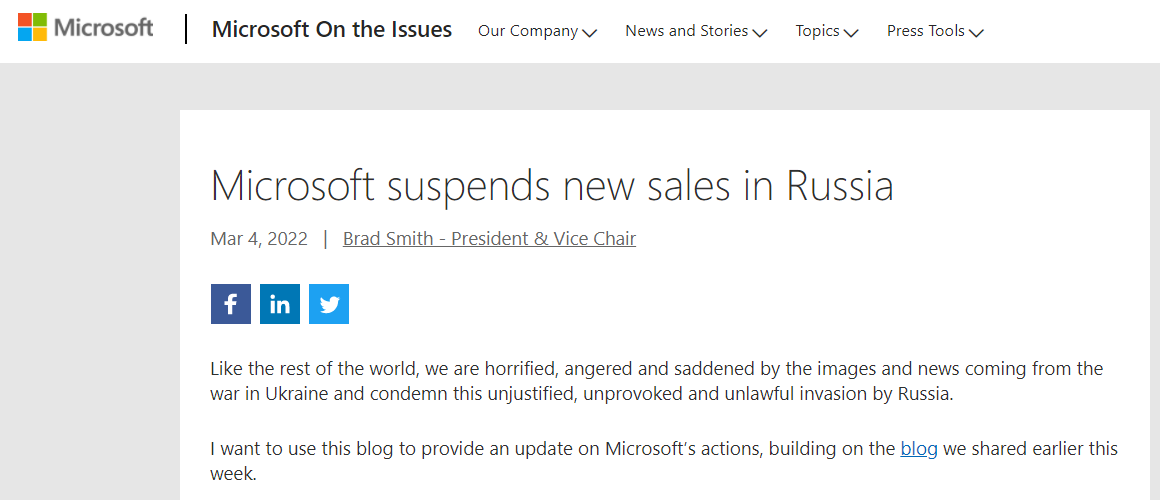 微软宣布暂停在俄罗斯销售所有新的产品和服务，并将为乌克兰提供网络安全保护