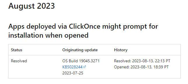 微软承认 Win10 KB5028244 更新存在 Bug，ClickOnce 应用会显示“未安装”