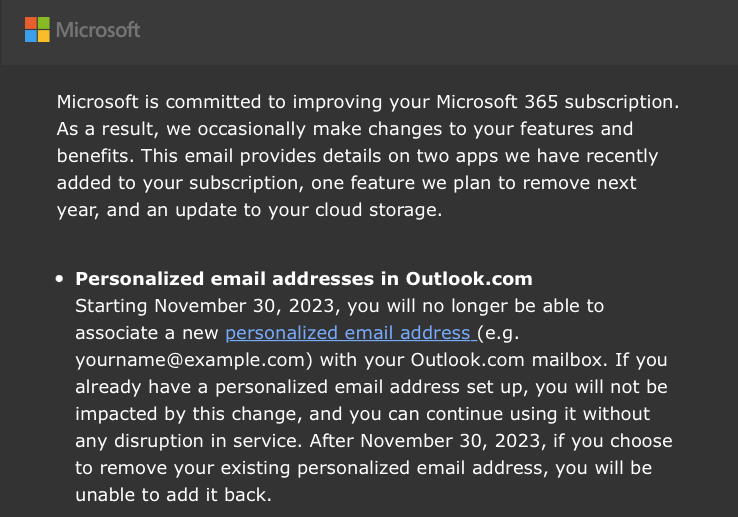 微软：Outlook 将于明年底不再向个人提供个性化电子邮件地址服务
